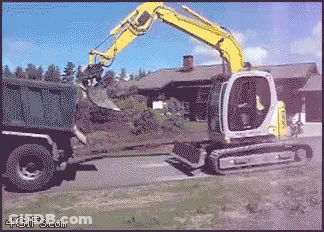 Yellow Excavator Digging Hole In Dumpster GIF
