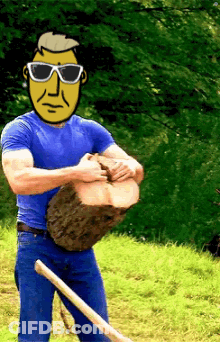 Yellow Face Man In Sunglasses Holding Log GIF