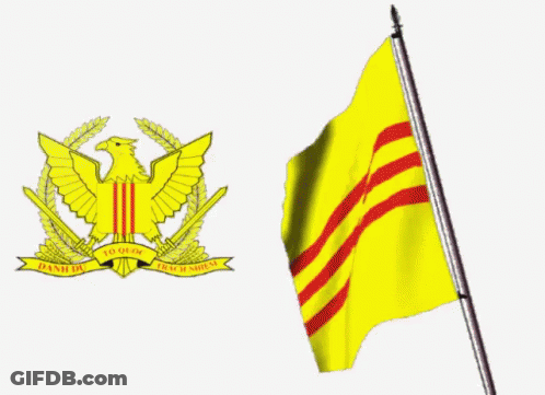Yellow Flag With Red Stripes Next To Bird Emblem GIF