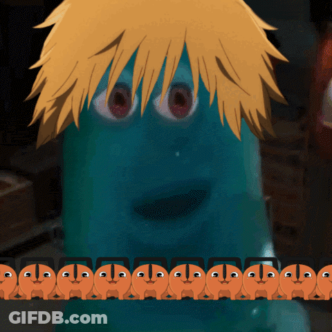 Yellow Hair Cartoon Surrounded By Orange Characters GIF