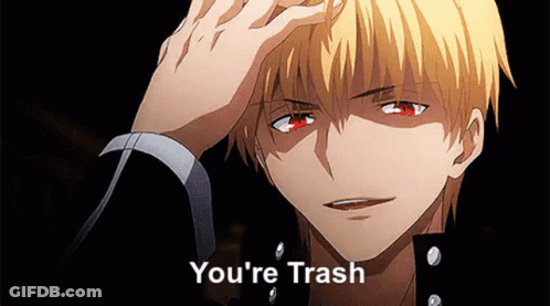 Yellow Haired Anime Character Red Eyes Hand To Forehead Saying You're Trash GIF