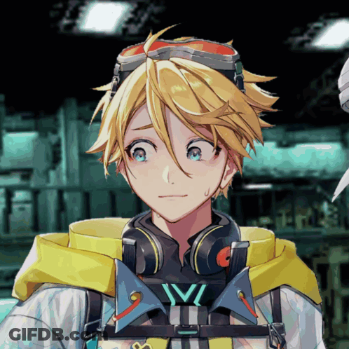 Yellow Haired Anime Character With Headphones And Goggles Letter V GIF