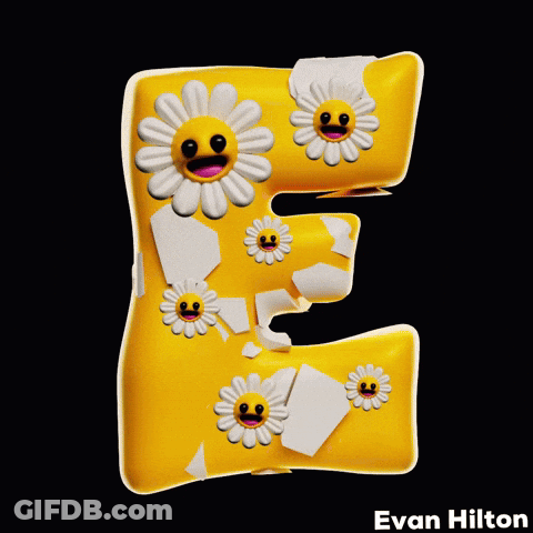 Yellow Letter E With Smiley Faces And Daisies On It GIF