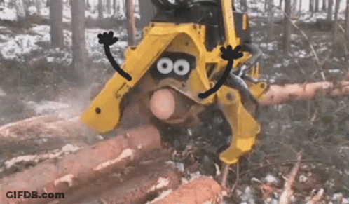 Yellow Machine With Cartoon Face Cutting Trees GIF