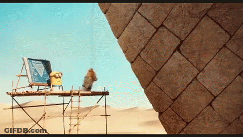 Yellow Minion On Scaffolding With Archaeology Sign GIF