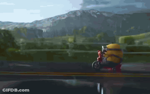 Yellow Minion Riding Red Motorcycle GIF
