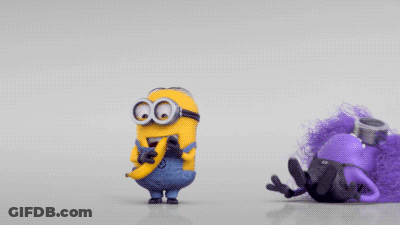 Yellow Minion Standing Next To Purple Minion With Afro GIF