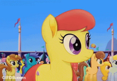 Yellow Pony In Red Hat In Front Of Crowd GIF