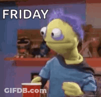 Yellow Puppet With Purple Hair Holding Coffee And Red Cup GIF