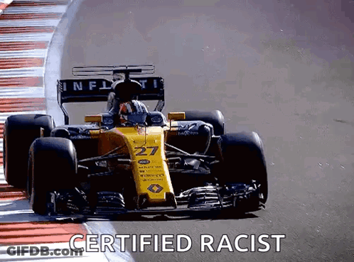 Yellow Race Car Driving Down Track Certified Racist GIF
