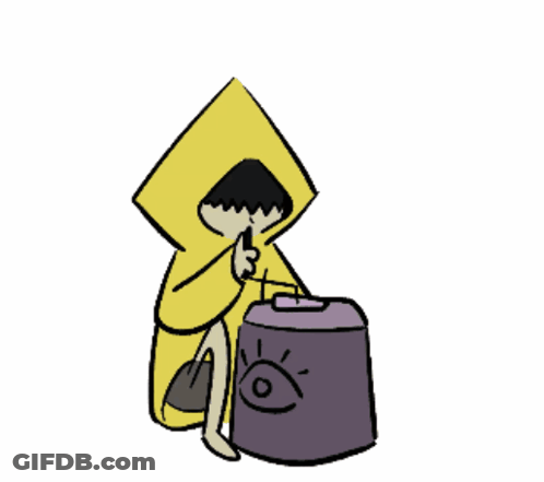 Yellow Raincoat Cartoon Character Beside Purple Trash Can GIF