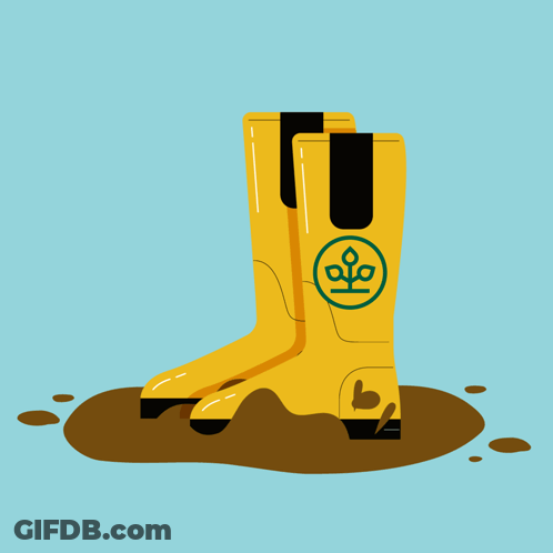 Yellow Rubber Boots With Green Plant Logo GIF
