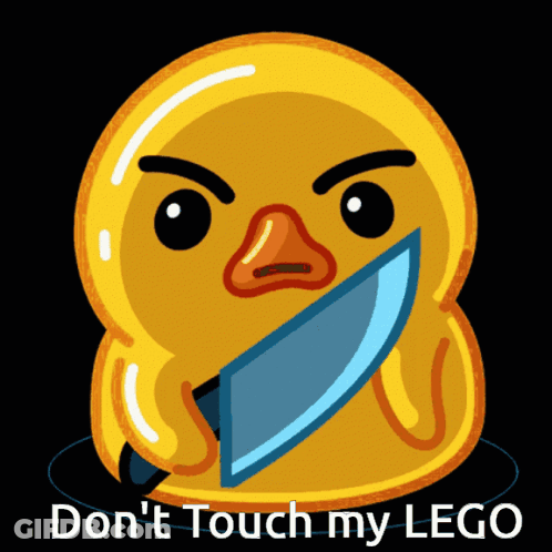 Yellow Rubber Duck With Knife Saying Don't Touch My Lego GIF