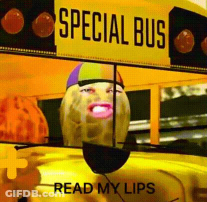 Yellow School Bus With Woman's Face And Read My Lips Sign GIF