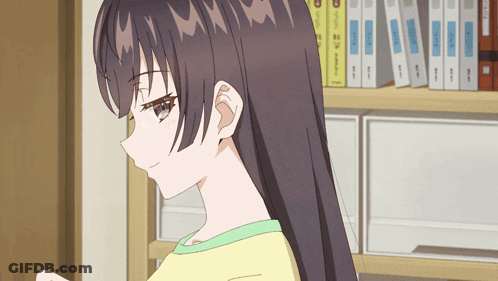 Yellow Shirt Girl At Bookshelf With Binders GIF