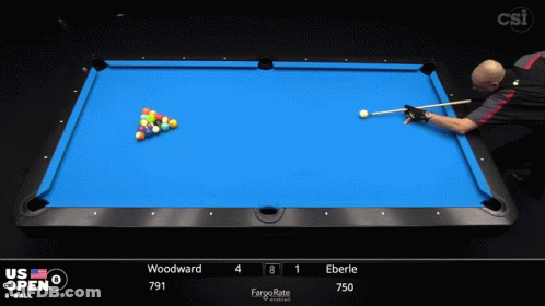 Yellow Shirt Man On Pool Table With Cue GIF