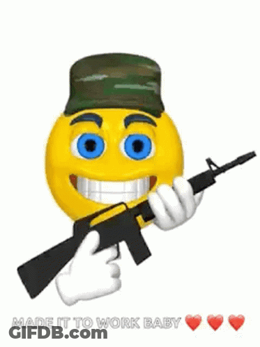 Yellow Smiley In Military Hat Holding Gun GIF