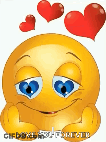 Yellow Smiley With Blue Eyes And Red Hearts Says Love You Forever GIF