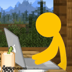Yellow Stick Figure Sitting At Table With Laptop GIF