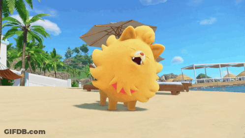 Yellow Stuffed Animal On Beach With Palm Tree GIF