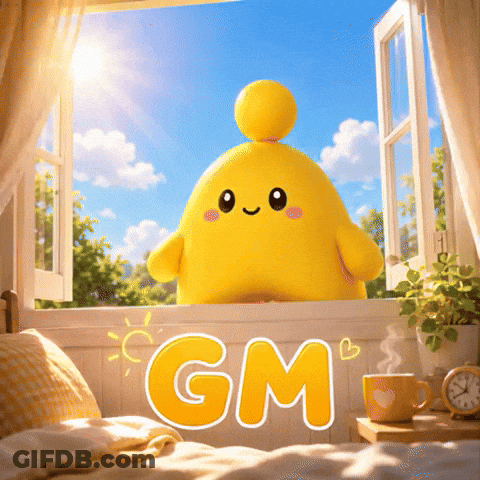 Yellow Stuffed Animal On Window Sill Saying Gm GIF
