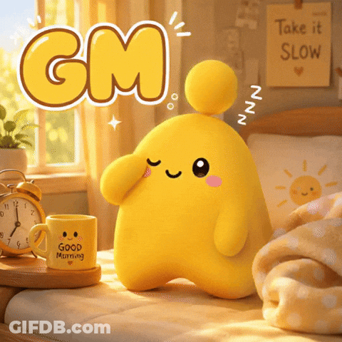 Yellow Stuffed Animal Sitting On Bed Next To Good Morning Mug GIF