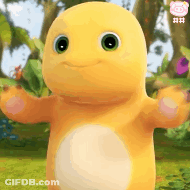 Yellow Stuffed Animal With Green Eyes And Arms Outstretched GIF