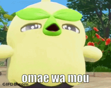 Yellow Stuffed Animal With Green Leaves Saying Omae Wa Mou GIF