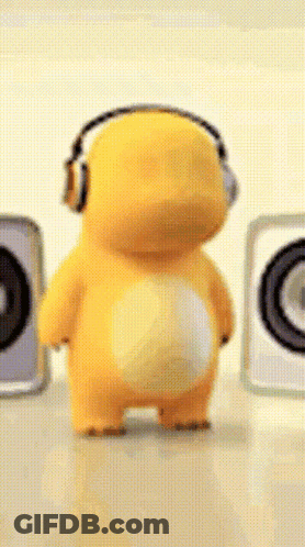 Yellow Stuffed Animal With Headphones By Speakers GIF