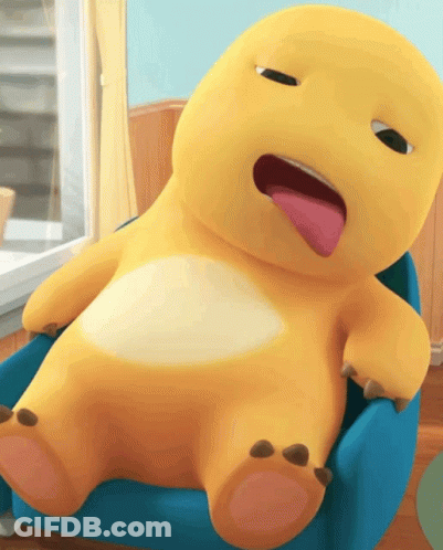 Yellow Stuffed Animal With Tongue Out On Blue Chair GIF