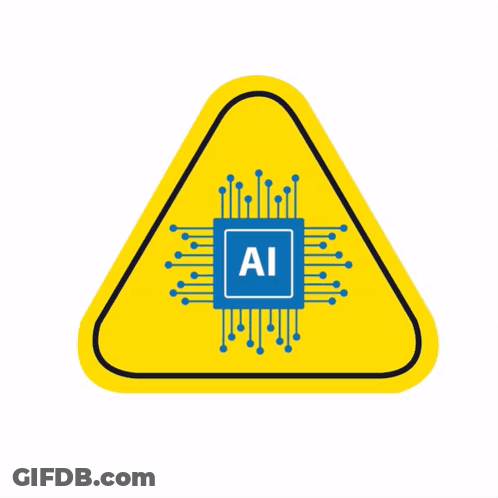 Yellow Triangle With Blue AI Chip And Words Caution Created By Artificial Intelligence GIF