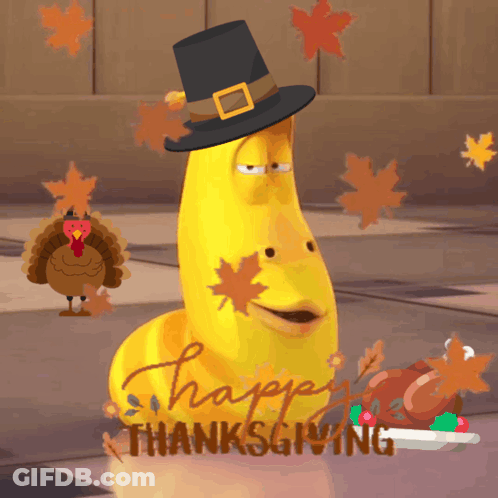 Yellow Worm In Pilgrim Hat Saying Happy Thanksgiving GIF