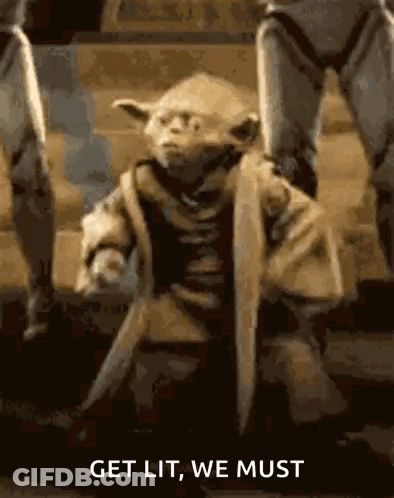 Yoda From Star Wars Is Sitting On The Ground With A Sword In His Hand And The Words `` Get Lit , We Must '' . GIF