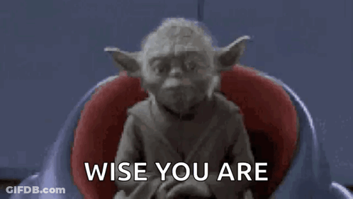 Yoda Is Sitting In A Chair With The Words `` Wise You Are '' Written On The Screen . GIF
