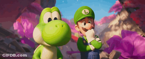 Yoshi And Luigi Are Standing Next To Each Other In A Cartoon Scene GIF