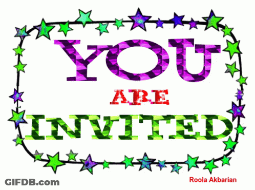 You Are Invited Sign With Green And Purple Stars GIF