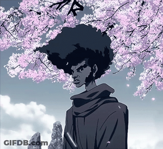 Young Afro Samurai Under Cherry Blossom GIF