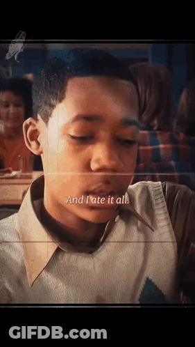 Young Boy At Table With Eyes Closed And I Ate It All GIF