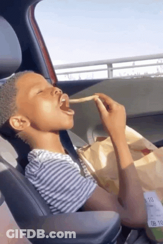 Young Boy Eating French Fries From Bag In Car GIF