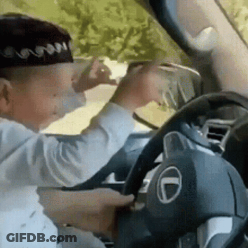 Young Boy In Driver's Seat Holding Steering Wheel GIF