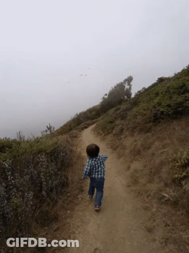 Young Boy In Plaid Shirt Running Down Path GIF