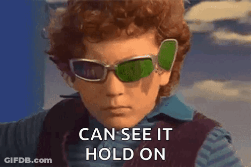 Young Boy In Sunglasses And Vest Says Can See It Hold On GIF