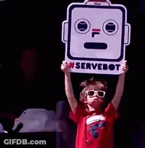 Young Boy In Sunglasses Holding Robot Sign GIF