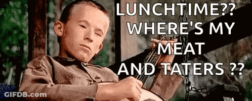 Young Boy On Swing Playing Banjo Asking Where's My Meat And Taters GIF
