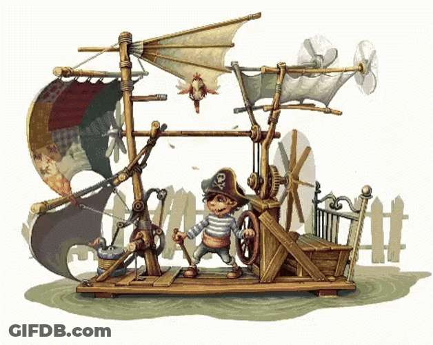 Young Boy Pirate And Parrot On A Raft GIF