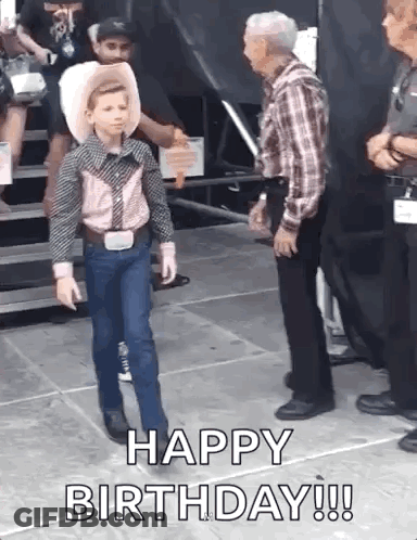 Young Cowboy Walking On Stage Saying Happy Birthday GIF