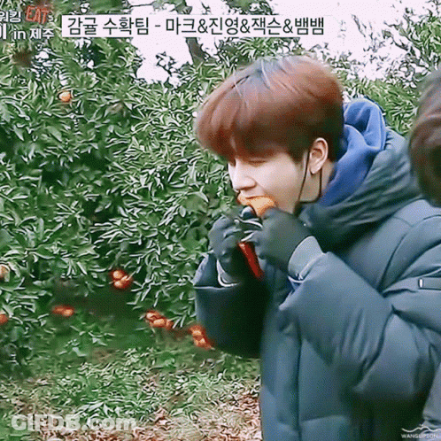 Young Man Eating Orange In Front Of Tree With Chinese Writing GIF