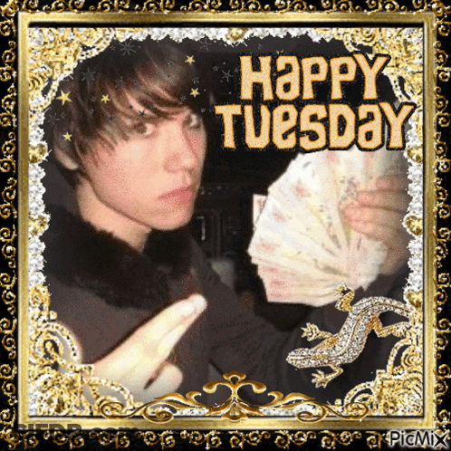 Young Man Holding Fan Of Money Happy Tuesday GIF