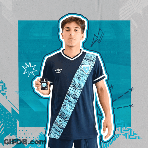 Young Man In Blue Umbro Shirt Holding Black Object GIF