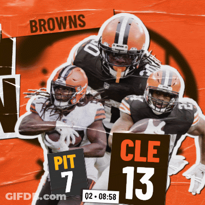Young Man In Browns Jersey In Front Of Steelers And Browns Poster GIF